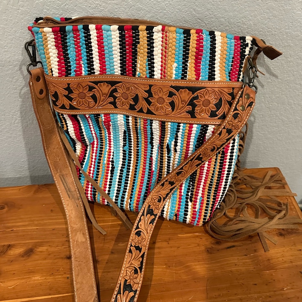 American Darling Tooled Crossbody Bag with Southwestern Flair - Never used.14x14